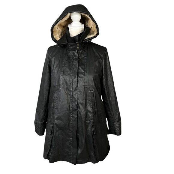 Billy Reid Resin Coated Canvas Hooded Faux Fur Lined Jacket Black Size XS - Picture 1 of 11